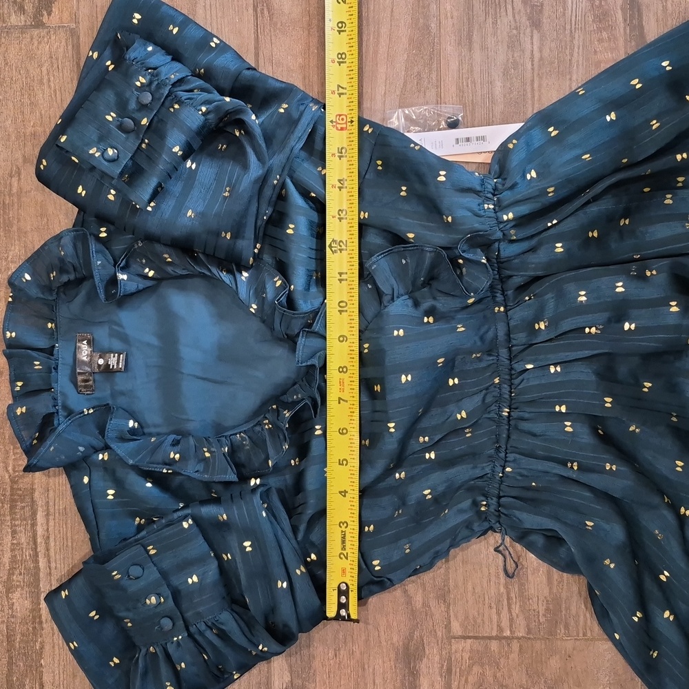 Aqua Ruffle Trim Clip Dot Long Sleeve Midi Wrap Dress, Teal Green & Gold, XS - Picture 10 of 16
